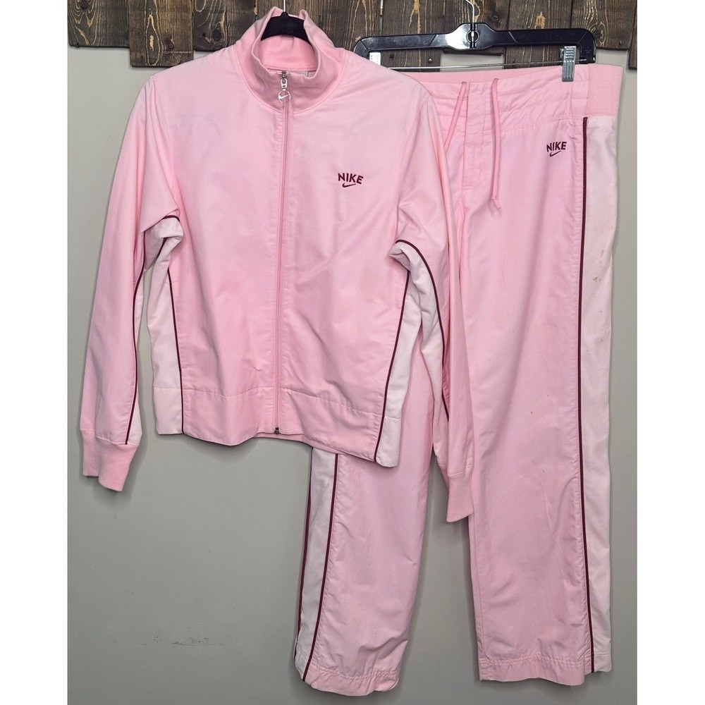 VNTG Nike Tracksuit Set Womens Medium Pink Full Zip Jacket and Pants Piping Logo